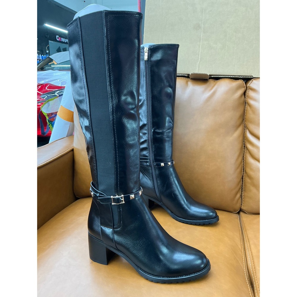 Destiny Tall Riding Boots Womens 8.5 Black Studded Harness Block Heel